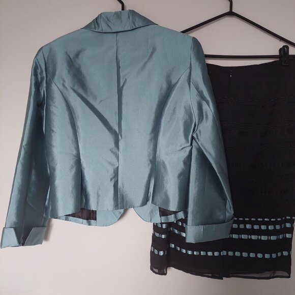 NEW ABS by Allen Schwartz Metallic Ice Blue Silk Skirt Jacket Suit Set, Size 10 - Picture 2 of 16